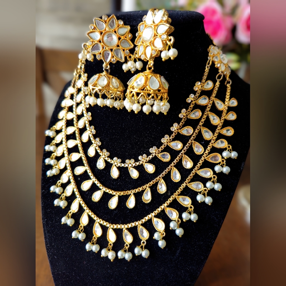 3 tier Kundan necklace Mala with jhumka set/ Indian jewellery/ pakistani jewelry - Picture 3 of 7